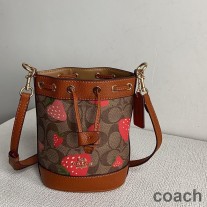 Coach Mini Dempsey Bucket Çanta İmzalı Kanvas Vahşi Çilek Baskılı Kahverengi