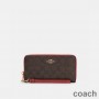 Coach Uzun Fermuarlı Bileklik Cüzdanı Signature Canvas Kahve/Kırmızı