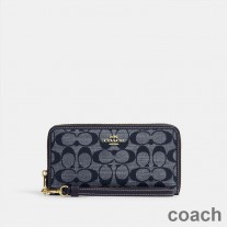 Coach Long Zip Around Wristlet Wallet v Signature Canvas Grey/Navy Blue