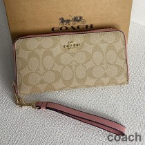 Portfel Coach Long Zip Around Wristlet w kolorze Signature Canvas Khaki/Różowy
