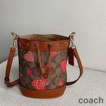 Torba Coach Mini Dempsey Bucket Bag z płótna Signature Canvas z nadrukiem Wild Truskawkowym w kolorze brązowym