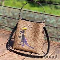 Torba typu bucket Bag Coach Town z płótna Signature Canvas z motywem dinozaura w kolorze khaki od Jean Michel Basquiat