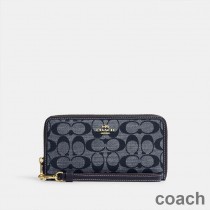 Cartera de mano larga con cremallera alrededor de Coach en lona distintiva gris/azul marino