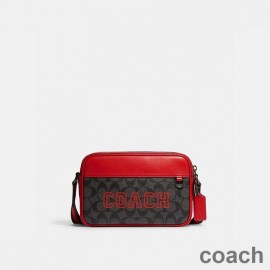 Sac à bandoulière Coach Graham en toile Signature avec motif universitaire noir/rouge