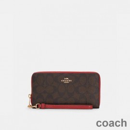 Portefeuille long à fermeture éclair Coach en toile Signature Café/Rouge